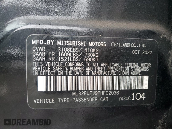 2023 Mitsubishi Mirage G4 ES with VIN ML32FUFJ9PHF02036, listed as a Copart auction lot 44941515 with 43,514 mi miles and Salvage Title. Bid and sale history available at carsss.com. Image 14.