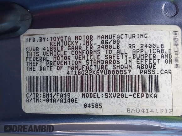 2000 Toyota Camry CE with VIN 4T1BG22K6YU000857, listed as a IAAI auction lot 42118645 with 244,448 mi miles and . Bid and sale history available at carsss.com. Image 9.