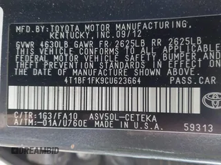 2012 Toyota Camry L with VIN 4T1BF1FK9CU623664, listed as a IAAI auction lot 41425197 with 142,353 mi miles. Bid and sale history available at carsss.com. Image 9.
