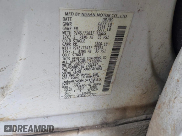 2006 Nissan Titan SE with VIN 1N6AA07A56N503855, listed as a IAAI auction lot 42398969 with 238,605 mi miles and . Bid and sale history available at DreamBid. Image 9.
