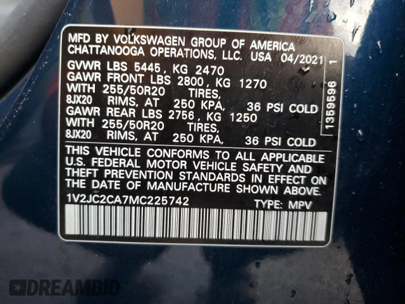 2021 Volkswagen Atlas SE with VIN 1V2JC2CA7MC225742, listed as a Copart auction lot 87110994 with Not provided miles and Salvage title. Bid and sale history available at DreamBid. Image 14.