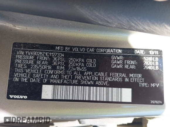 2012 Volvo XC70 T6 with VIN YV4902BZ1C1127334, listed as a IAAI auction lot 42140359 with 214,196 mi miles and . Bid and sale history available at DreamBid. Image 9.