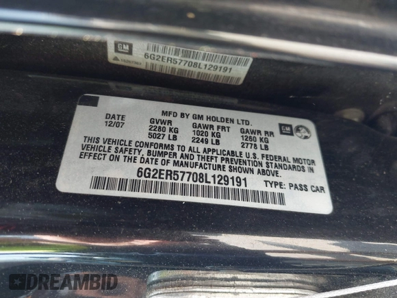 2008 Pontiac G8 z VIN 6G2ER57708L129191, wystawiony jako IAAI lot #42468013 z przebiegiem 133 134 mil mil oraz . Historia ofert i sprzedaży dostępna na DreamBid. Obrazek 9.