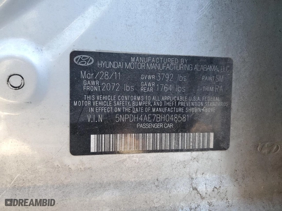 2011 Hyundai Elantra GLS PZEV with VIN 5NPDH4AE7BH048581, listed as a Copart auction lot 46663575 with 95,146 mi miles and Salvage Title. Bid and sale history available at carsss.com. Image 14.