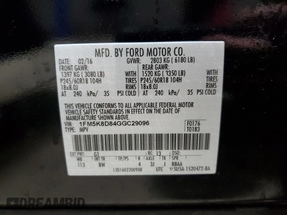 2016 Ford Explorer XLT with VIN 1FM5K8D84GGC29096, listed as a Copart auction lot 55491885 with 118,845 mi miles and Salvage Title. Bid and sale history available at DreamBid. Image 13.