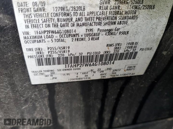 2010 Ford Taurus Limited z VIN 1FAHP2FW6AG108014, wystawiony jako Copart lot #58027455 z przebiegiem 229 871 mil mil oraz Szkoda całkowita • Salvage title. Historia ofert i sprzedaży dostępna na DreamBid. Obrazek 12.