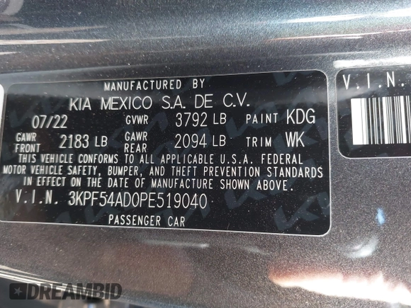 2023 Kia Forte GT-Line with VIN 3KPF54AD0PE519040, listed as a IAAI auction lot 41776352 with 31,304 mi miles. Bid and sale history available at carsss.com. Image 9.