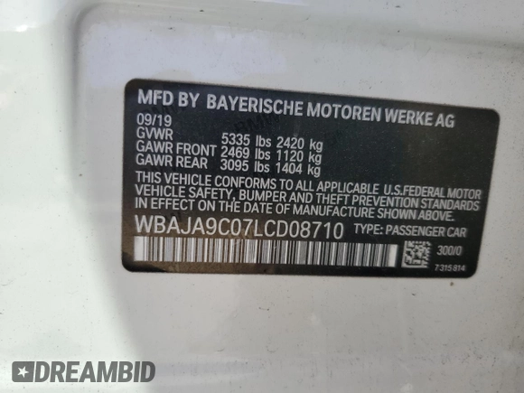2020 BMW 5 Series 530e with VIN WBAJA9C07LCD08710, listed as a Copart auction lot 56542835 with Not provided miles and Salvage title. Bid and sale history available at DreamBid. Image 12.