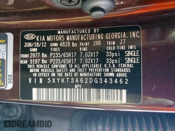 2013 Kia Sorento LX with VIN 5XYKT3A62DG343462, listed as a Copart auction lot 52507065 with 128,368 mi miles and Clean title. Bid and sale history available at DreamBid. Image 13.
