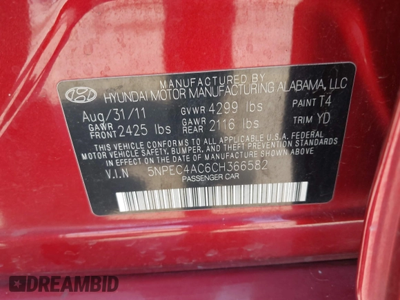 2012 Hyundai Sonata Limited z VIN 5NPEC4AC6CH366582, wystawiony jako IAAI lot #42172328 z przebiegiem 138 290 mil mil oraz . Historia ofert i sprzedaży dostępna na DreamBid. Obrazek 9.
