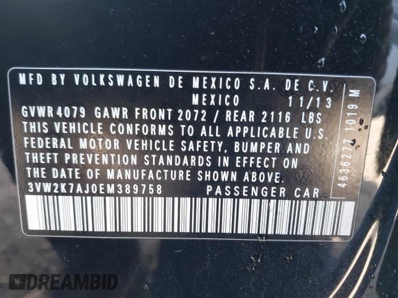2014 Volkswagen Jetta S with VIN 3VW2K7AJ0EM389758, listed as a IAAI auction lot 42177916 with 155,160 mi miles and . Bid and sale history available at DreamBid. Image 9.