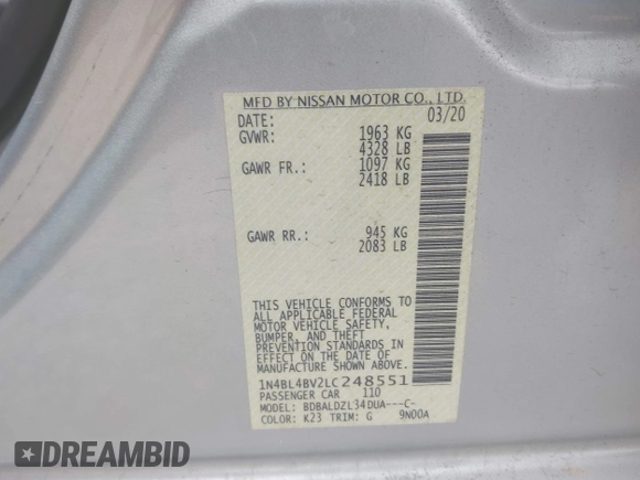 2020 Nissan Altima 2.5 S with VIN 1N4BL4BV2LC248551, listed as a IAAI auction lot 42033605 with 69,698 mi miles. Bid and sale history available at carsss.com. Image 9.