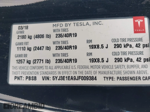 2018 Tesla Model 3 Long Range Battery with VIN 5YJ3E1EA9JF009384, listed as a IAAI auction lot 41544624 with 66,896 mi miles and . Bid and sale history available at DreamBid. Image 9.