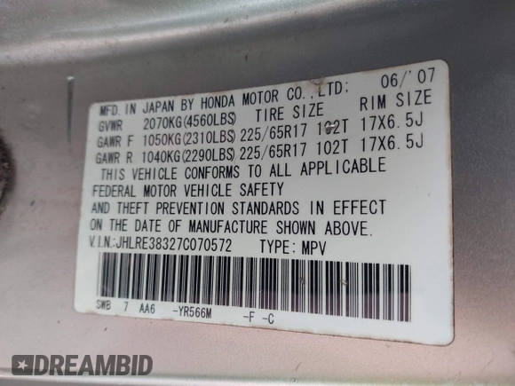 2007 Honda CR-V LX with VIN JHLRE38327C070572, listed as a IAAI auction lot 42128857 with 235,809 mi miles. Bid and sale history available at carsss.com. Image 9.