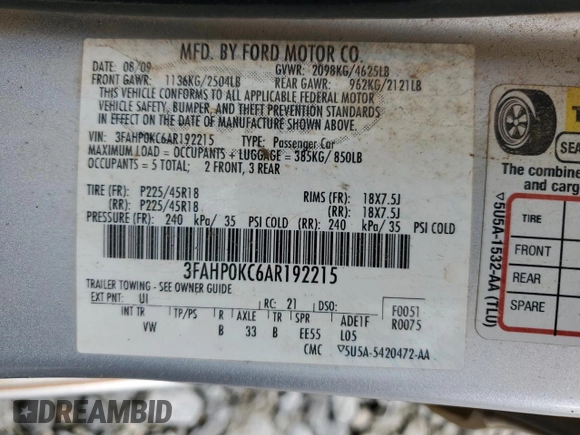 2010 Ford Fusion SPORT with VIN 3FAHP0KC6AR192215, listed as a Copart auction lot 50125045 with 132,125 mi miles and Salvage Title. Bid and sale history available at carsss.com. Image 12.