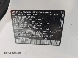 2018 Volkswagen Atlas SEL Premium with VIN 1V2NR2CA3JC594822, listed as a IAAI auction lot 42368854 with 60,688 mi miles and . Bid and sale history available at DreamBid. Image 9.