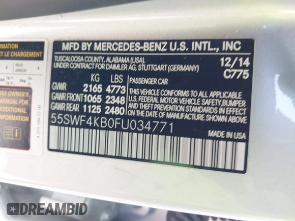 2015 Mercedes-Benz C 300 Luxury with VIN 55SWF4KB0FU034771, listed as a IAAI auction lot 41932668 with 56,744 mi miles and . Bid and sale history available at DreamBid. Image 9.