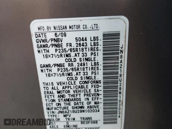 2009 Nissan Murano S with VIN JN8AZ18U29W102034, listed as a Copart auction lot 76122594 with 60,342 mi miles and Salvage Title. Bid and sale history available at carsss.com. Image 14.