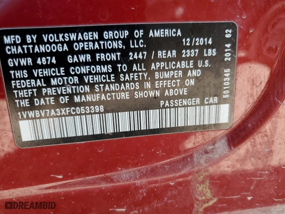 2015 Volkswagen Passat 2.0L TDI SE w/Sunroof with VIN 1VWBV7A3XFC053398, listed as a Copart auction lot 53162165 with 223,315 mi miles and Clean Title. Bid and sale history available at carsss.com. Image 12.