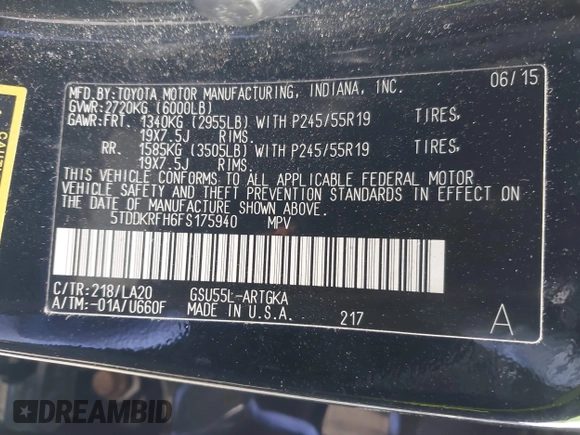 2015 Toyota Highlander Limited with VIN 5TDDKRFH6FS175940, listed as a IAAI auction lot 41933412 with 195,127 mi miles and . Bid and sale history available at DreamBid. Image 9.