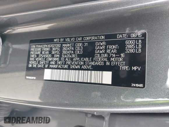 2016 Volvo XC90 T6 Momentum with VIN YV4A22PKXG1021392, listed as a IAAI auction lot 41413673 with 144,761 mi miles. Bid and sale history available at carsss.com. Image 9.