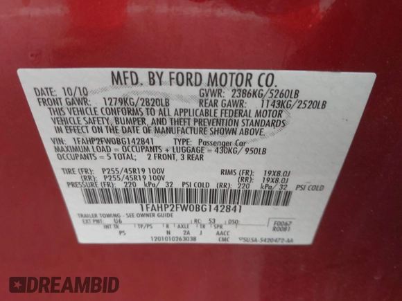 2011 Ford Taurus Limited with VIN 1FAHP2FW0BG142841, listed as a IAAI auction lot 42484629 with 82,621 mi miles and . Bid and sale history available at DreamBid. Image 9.