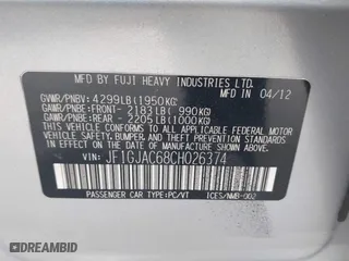 2012 Subaru Impreza Sedan 2.0i Premium with VIN JF1GJAC68CH026374, listed as a IAAI auction lot 42063409 with 160,167 mi miles. Bid and sale history available at carsss.com. Image 9.