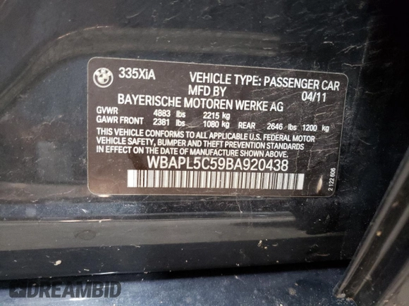 2011 BMW 3 Series 335i xDrive with VIN WBAPL5C59BA920438, listed as a Copart auction lot 59938245 with 146,606 mi miles and Clean title. Bid and sale history available at DreamBid. Image 12.