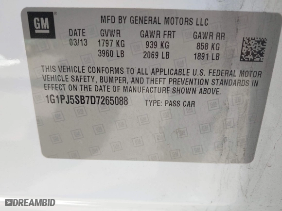 2013 Chevrolet Cruze ECO with VIN 1G1PJ5SB7D7265088, listed as a IAAI auction lot 41387148 with 141,881 mi miles. Bid and sale history available at carsss.com. Image 9.