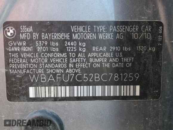 2011 BMW 5 Series 535i xDrive with VIN WBAFU7C52BC781259, listed as a Copart auction lot 56013705 with 240,651 mi miles and Clean Title. Bid and sale history available at DreamBid. Image 12.