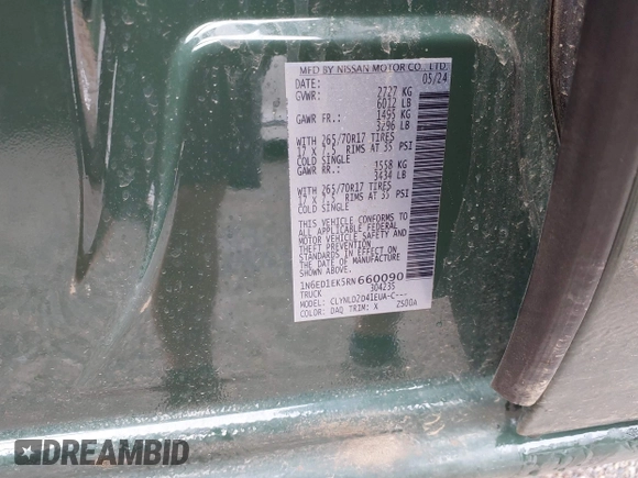 2024 Nissan Frontier SV with VIN 1N6ED1EK5RN660090, listed as a IAAI auction lot 42258836 with 7,358 mi miles and . Bid and sale history available at DreamBid. Image 9.