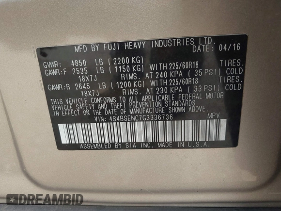 2016 Subaru Outback Limited with VIN 4S4BSENC7G3336736, listed as a IAAI auction lot 42479746 with 75,040 mi miles and . Bid and sale history available at DreamBid. Image 9.