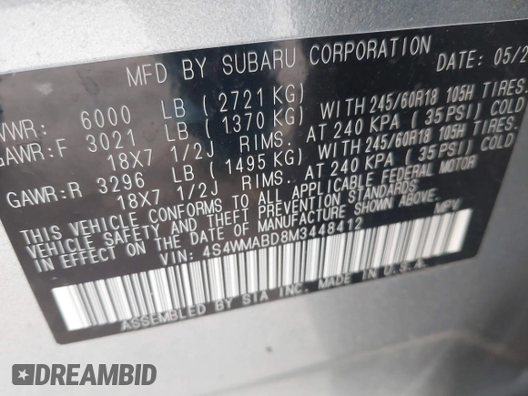 2021 Subaru Ascent Premium with VIN 4S4WMABD8M3448412, listed as a IAAI auction lot 41853498 with 69,603 mi miles and . Bid and sale history available at DreamBid. Image 9.