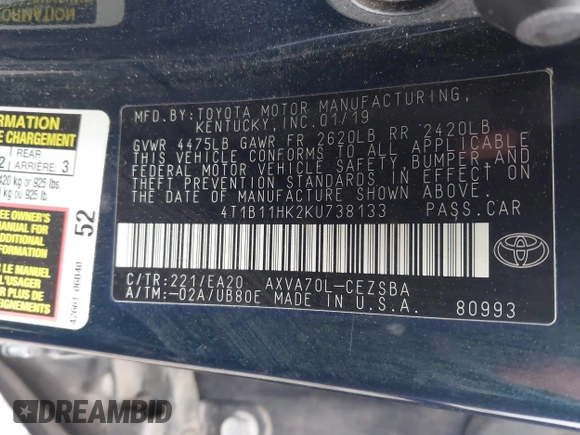 2019 Toyota Camry LE z VIN 4T1B11HK2KU738133, wystawiony jako IAAI lot #42499213 z przebiegiem 203 636 mil mil oraz . Historia ofert i sprzedaży dostępna na DreamBid. Obrazek 9.