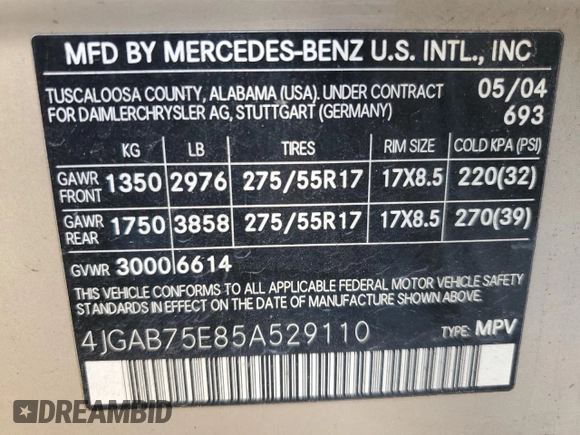 2005 Mercedes-Benz M 500 with VIN 4JGAB75E85A529110, listed as a Copart auction lot 80557034 with 130,560 mi miles and Salvage title. Bid and sale history available at DreamBid. Image 12.