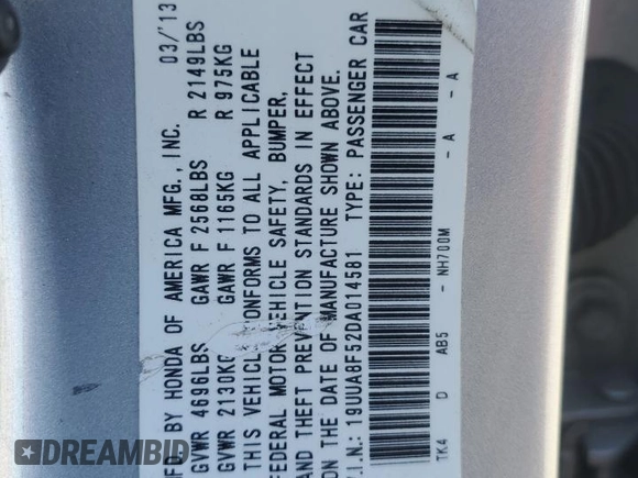 2013 Acura TL Technology z VIN 19UUA8F52DA014581, wystawiony jako Copart lot #58389665 z przebiegiem 175 114 mil mil oraz Szkoda całkowita • Salvage title. Historia ofert i sprzedaży dostępna na DreamBid. Obrazek 12.