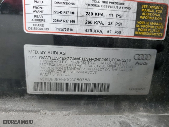 2012 Audi A3 2.0 TDI Premium with VIN WAUBJBFM0CA080388, listed as a Copart auction lot 79578514 with 165,855 mi miles and Salvage Title. Bid and sale history available at carsss.com. Image 13.