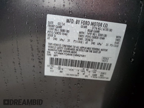 2014 Ford Explorer XLT z VIN 1FM5K7D80EGB62181, wystawiony jako Copart lot #59038095 z przebiegiem 38 235 mil mil oraz Nie do naprawy • Non repairable. Historia ofert i sprzedaży dostępna na DreamBid. Obrazek 13.