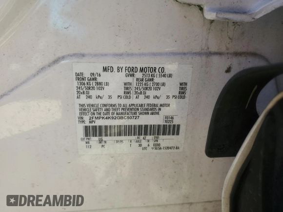2016 Ford Edge Titanium with VIN 2FMPK4K92GBC50727, listed as a Copart auction lot 48348495 with 69,785 mi miles and Non Repairable. Bid and sale history available at carsss.com. Image 13.