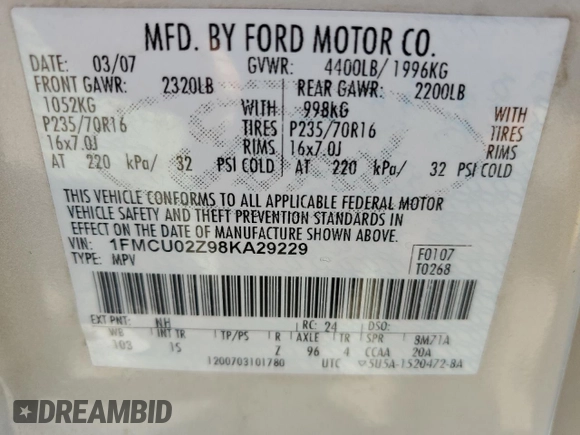 2008 Ford Escape XLS с VIN 1FMCU02Z98KA29229, выставлен на аукционе Copart как лот 59181155 с пробегом 249 598 миль миль и Чистый • Clean title. История ставок и продаж доступна на DreamBid. Изображение 13.