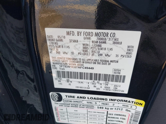 2010 Ford F-150 XL с VIN 1FTEW1E87AFC49449, выставлен на аукционе IAAI как лот 41312515 с пробегом 226 355 миль миль и . История ставок и продаж доступна на DreamBid. Изображение 9.