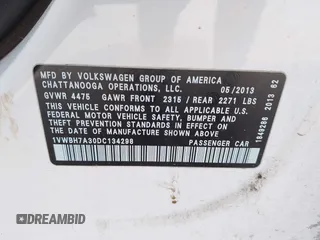 2013 Volkswagen Passat SE with VIN 1VWBH7A30DC134298, listed as a IAAI auction lot 42592442 with 248,768 mi miles and . Bid and sale history available at DreamBid. Image 9.
