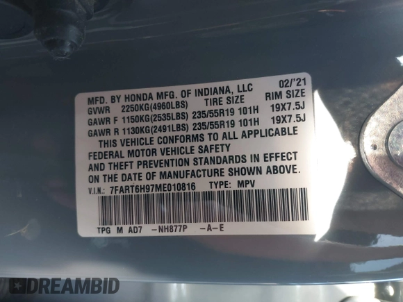 2021 Honda CR-V Touring with VIN 7FART6H97ME010816, listed as a IAAI auction lot 42256962 with 86,223 mi miles and . Bid and sale history available at DreamBid. Image 9.