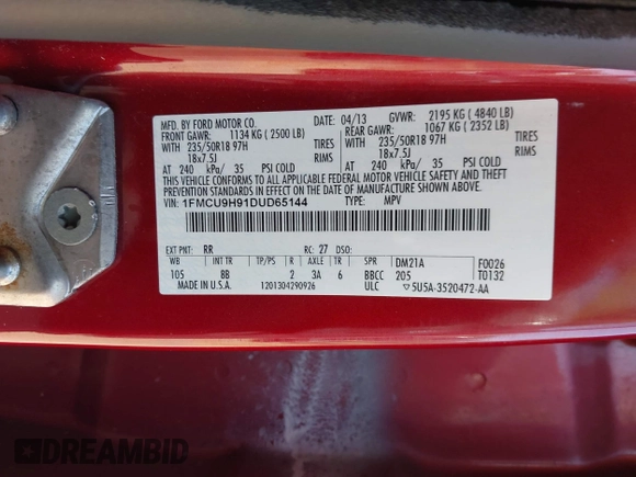 2013 Ford Escape SEL with VIN 1FMCU9H91DUD65144, listed as a IAAI auction lot 42124589 with 221,631 mi miles and . Bid and sale history available at DreamBid. Image 9.