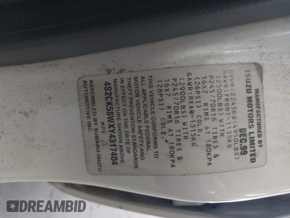 2000 Isuzu Rodeo S z VIN 4S2CK58WXY4317404, wystawiony jako IAAI lot #42261101 z przebiegiem 192 918 mil mil oraz . Historia ofert i sprzedaży dostępna na DreamBid. Obrazek 9.