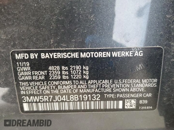 2020 BMW 3 Series 330i xDrive with VIN 3MW5R7J04L8B19132, listed as a Copart auction lot 53942815 with 0 mi miles and Clean Title. Bid and sale history available at carsss.com. Image 12.