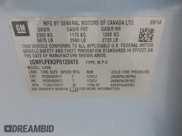 2015 Chevrolet Equinox LT with VIN 2GNFLFEK2F6120470, listed as a IAAI auction lot 42080736 with 39,437 mi miles. Bid and sale history available at carsss.com. Image 9.