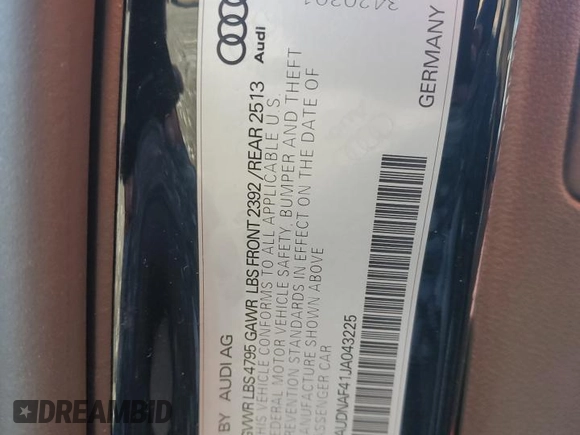 2018 Audi A4 Premium with VIN WAUDNAF41JA043225, listed as a Copart auction lot 81834734 with 107,803 mi miles and Salvage Title. Bid and sale history available at carsss.com. Image 12.
