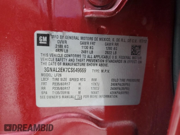2012 Chevrolet Captiva Sport LS with VIN 3GNAL2EK7CS649669, listed as a Copart auction lot 54785475 with 66,338 mi miles and Non Repairable. Bid and sale history available at DreamBid. Image 13.