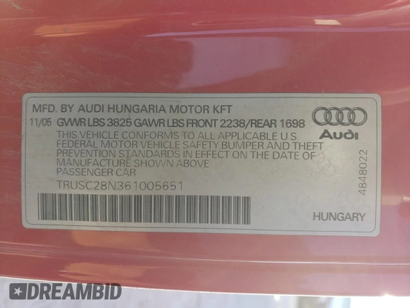 2006 Audi TT with VIN TRUSC28N361005651, listed as a Copart auction lot 84404774 with 118,042 mi miles and Salvage title. Bid and sale history available at DreamBid. Image 12.
